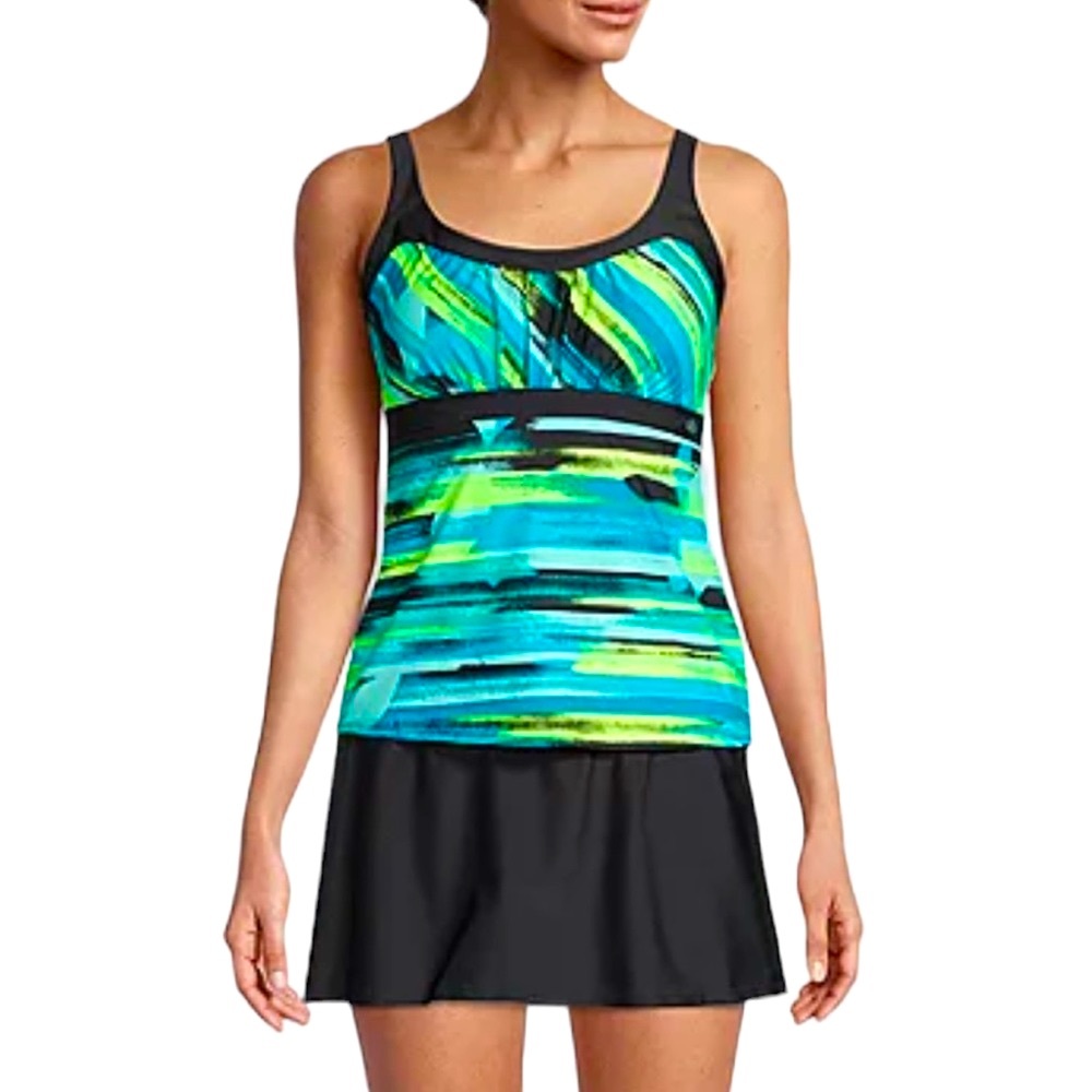 ZeroXposur Striped Neon Shades of Blue and Yellow Peasant Tankini Top NWT 0X
